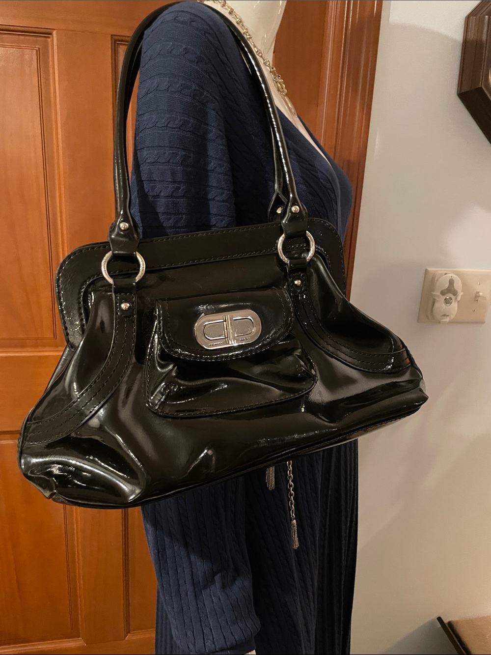 Franco Sarto Black Patent Shoulder Bag with Silver Hardware